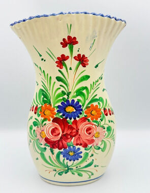 Vintage Deruta Hand Painted Art Pottery Vase Italy Corset Trumpet Flared Florals